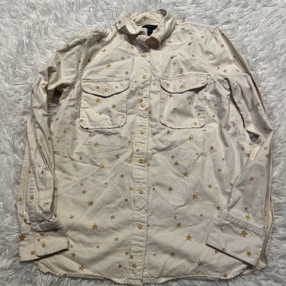 J.CREW Tops - Women's J Crew Cream Heavyweight Gold Star Button Down Canvas Shirt Size Small